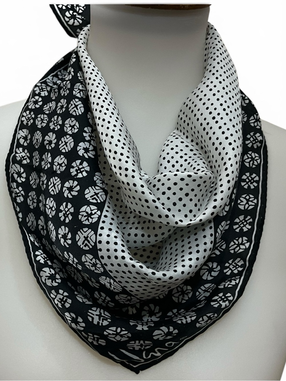 Vintage Vera Neumann Scarf Black White Rayon Silk Geometric Japan 21” Square